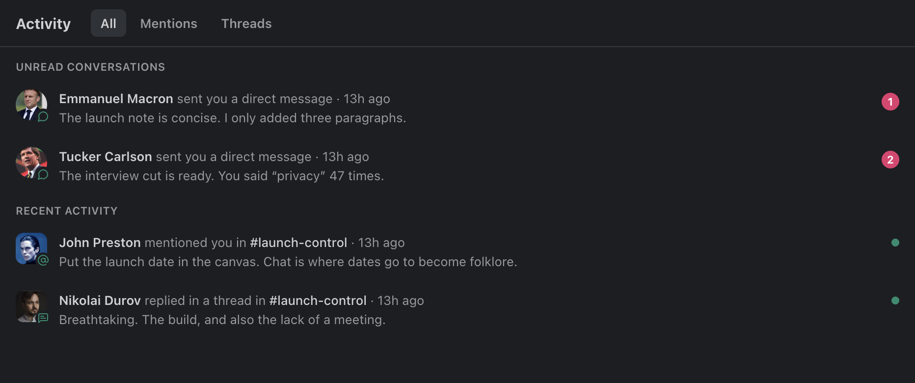 The real Teamgram Activity view showing unread conversations, a mention, and a thread reply
