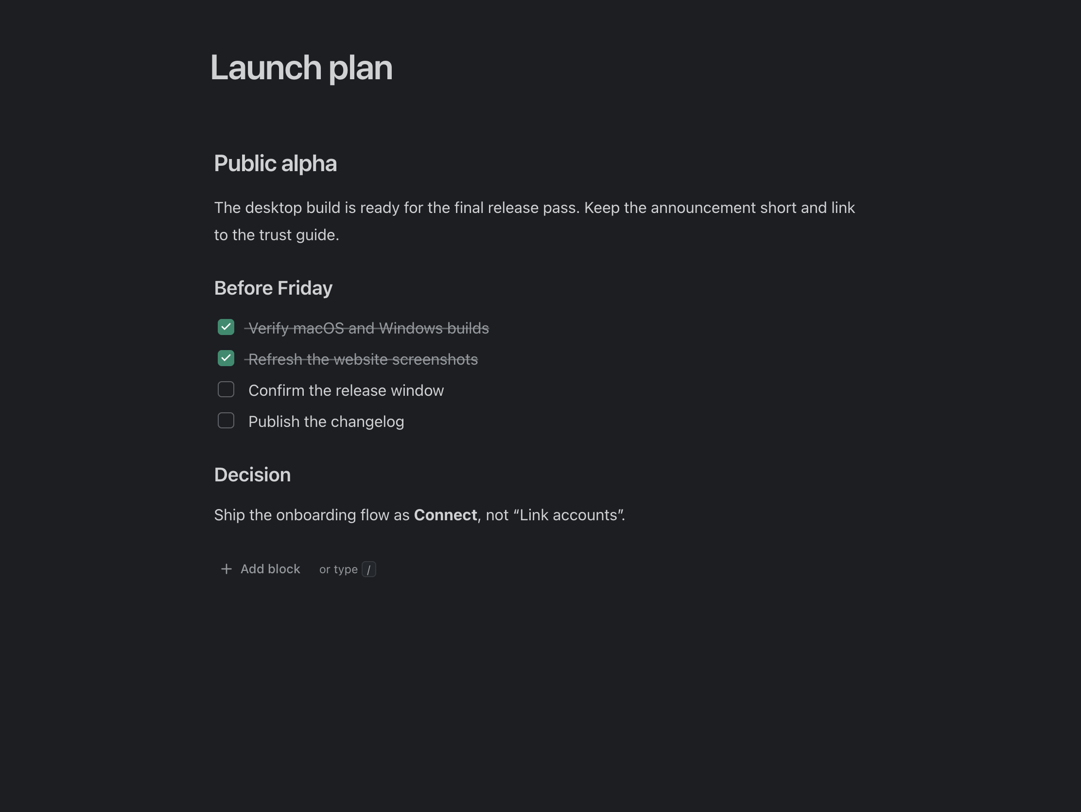 The real Teamgram Canvas editor showing a launch plan with completed and open tasks