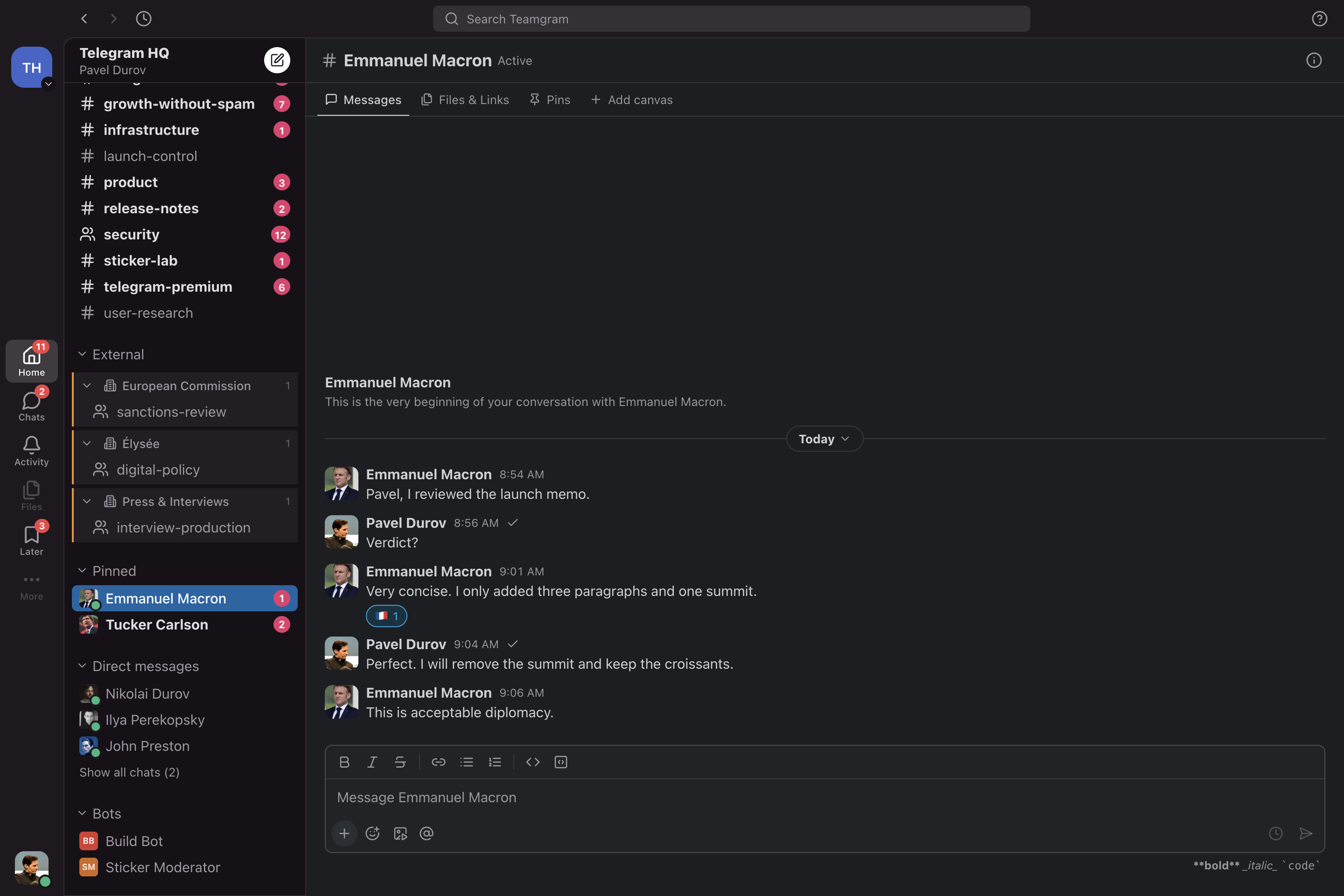 The real Teamgram desktop app showing a fictional Telegram HQ workspace with a busy channel sidebar and a playful direct-message conversation between Pavel Durov and Emmanuel Macron