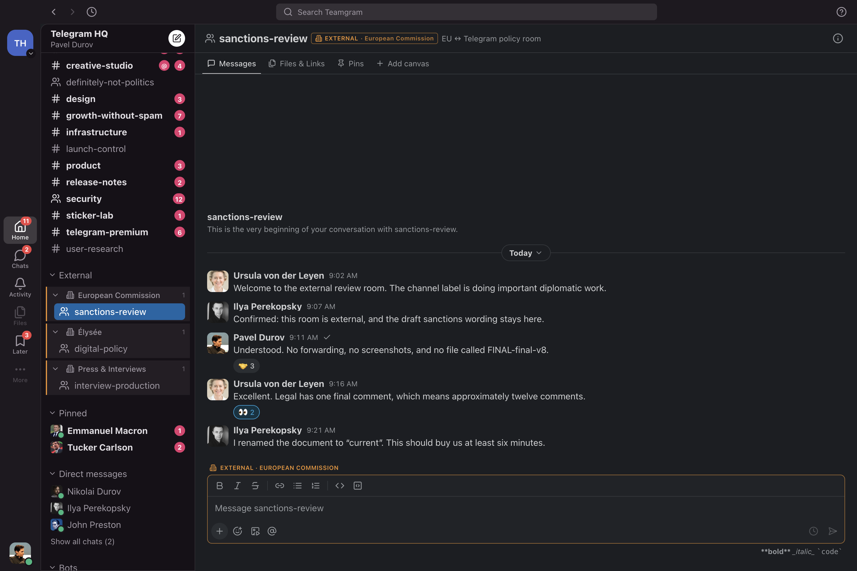 The Teamgram desktop app showing a fictional sanctions review room grouped under the European Commission and clearly marked External