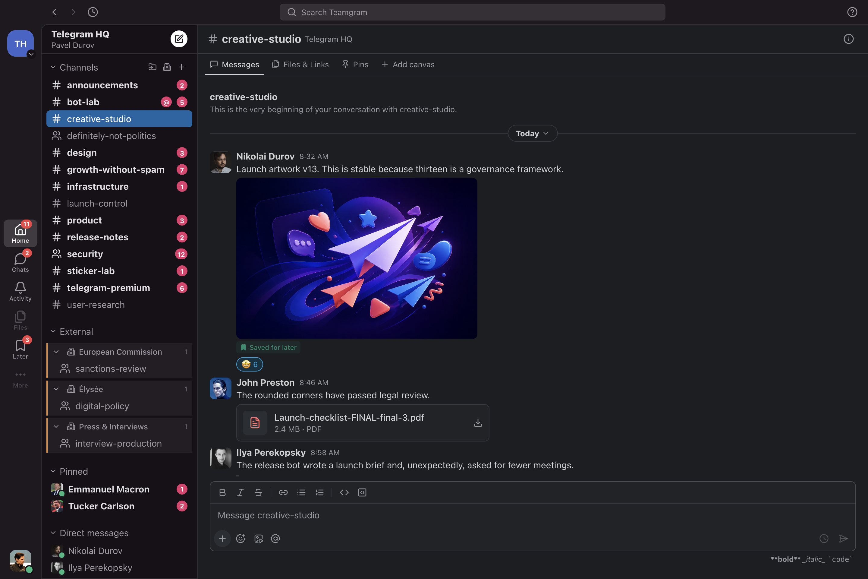 The real Teamgram desktop app showing a fictional Telegram HQ creative studio with many channels, launch artwork, a PDF, link preview, voice note, poll, and reactions