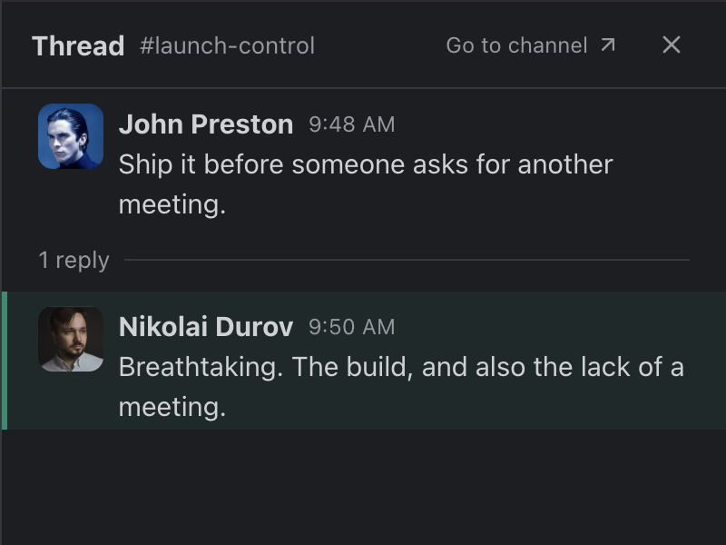 The real Teamgram thread panel opened from Activity